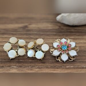 Coro Gold Tone Set- Enamel Flower Brooch And MOP Clip On Earrings Bundle
